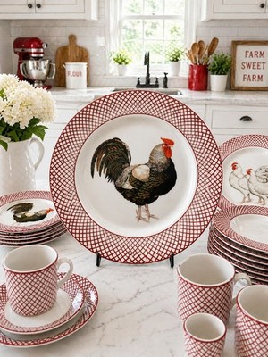 Haldon Group Devonshire Rooster Dinnerware Set Plates Cups Red Lattice Farmhouse