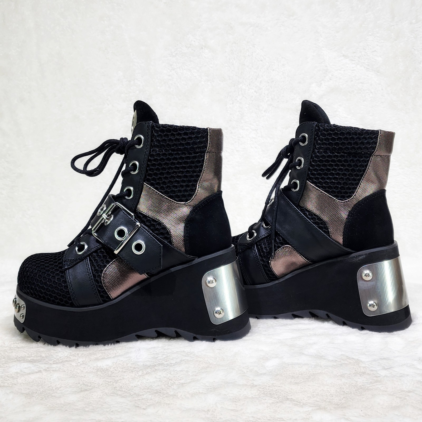 DEMONIA Scene 50 Black / Bronze Platform Goth Punk Fish Net Ankle Boots NY