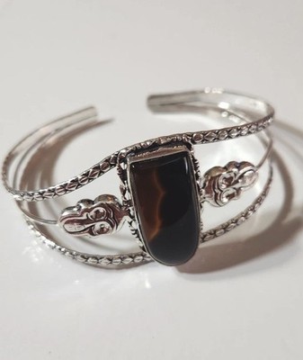 81117.  Botswana Agate 925 Sterling Silver Cuff Bangle Bracelet