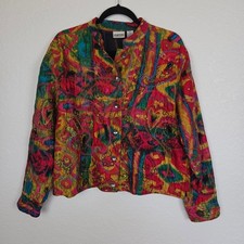 Chico's 100 Silk Button Up Jacket Lg. Multi-Color Embroidered Beaded Abstract