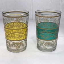 2 Vintage Moroccan Tea Glasses 3.5” Teal Green, Yellow w Gold, PERFECT