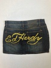 Vintage Ed Hardy Blue Denim Logo Mini Skirt Low Rise Pockets Womens Size 27