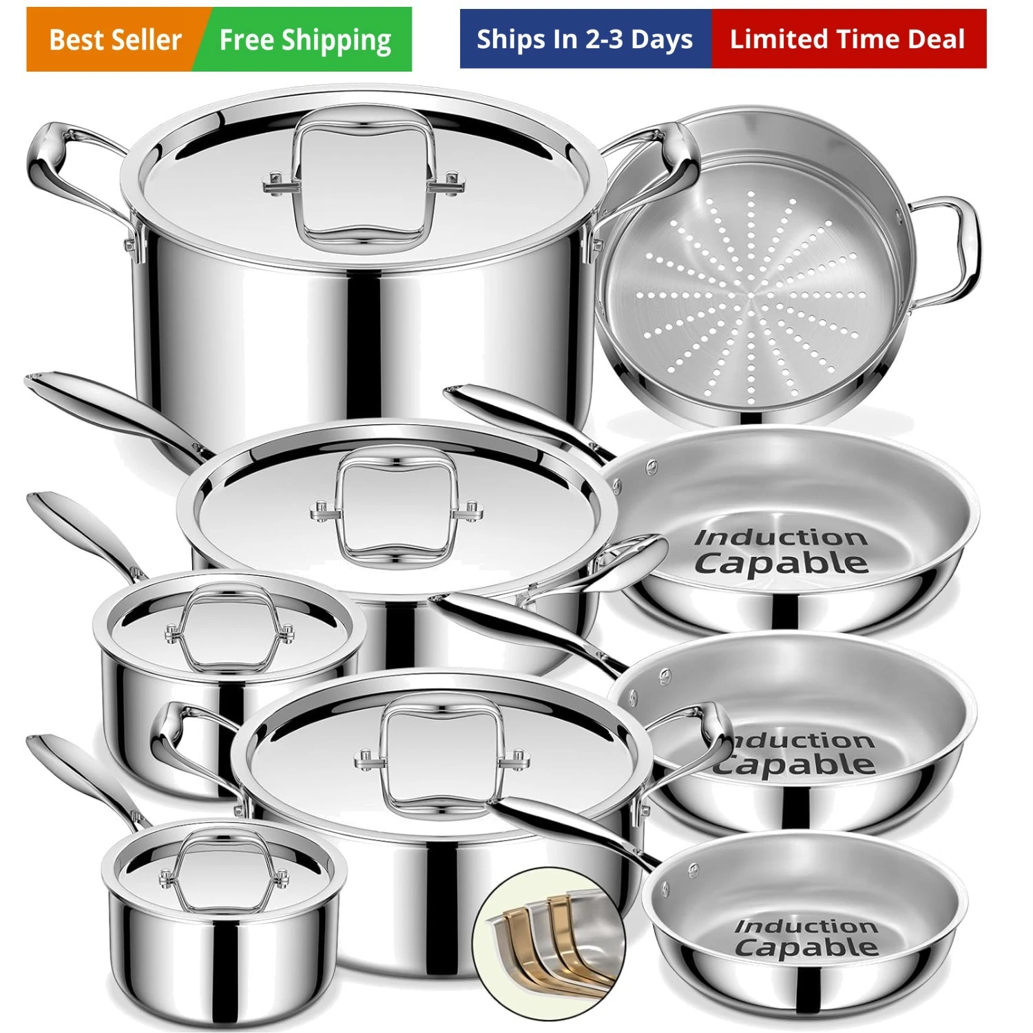 Stainless Steel Cookware Set, 5 Ply 14 Piece Stainless Steel Pot and Pan Set-...