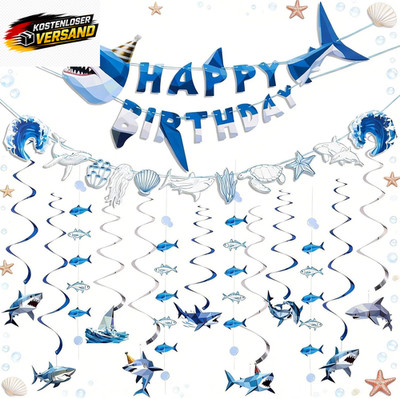 SUNBEAUTY 3D Hai Happy Birthday Banner Hängede Shark Geburtstag Deko Meerestiere