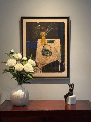 Rene Genis Signed Lithograph of Flowers and Basket on a Table