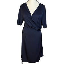 Quince Stretch Silk Wrap Dress Navy Blue Washable Size XL Short Sleeve Classic