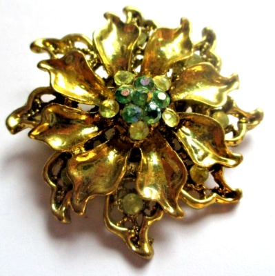 Broche Vintage En Cristaux Jaunes Et Verts - Couleur Or - Ancienne Et Superbe - Occasion
