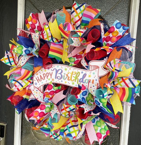 Happy Birthday Balloon Party Front Door Deco Mesh Wreath Festive Bright Cheerful - Picture 2 of 6
