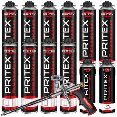 Bauschaum Set 10 x 750 ml Pistolenschaum + 2 Reiniger + Pistole PU Schaum