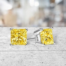 2 ct. Genuine Canary Yellow Sapphire Princess Stud Earrings in Sterling Silver
