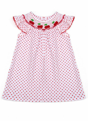 Toddler Girl Smocked Dress With Embroidered Cherries, Red & White Polka Dot