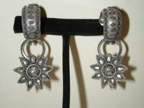 Vintage Sterling Clip-On beaded hoops hanging stars -sunflower - Picture 2 of 5