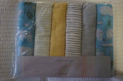 JOHN LEWIS HIPPO SAFARI MUSLIN SQUARES 6 PACK MUSLINS FOR BABY 70 X 70CM COTTON