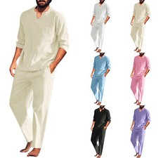 Men's Fall 2 Pieces Cotton Linen Set Long Sleeve Shirt Casual Beach Pants Outfit
