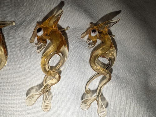 4x Pulled Glass Art Seahorse Sea Dragons 3"-4" Hand Made Gold Color - Picture 2 of 10