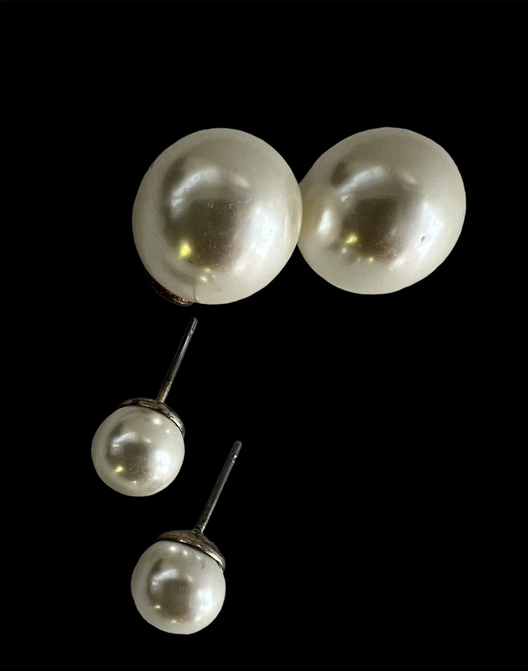 Kenneth Jay Lane KJL 2 aretes dobles perlas de vidrio blanco orejas perforadas Foto 4 de 4