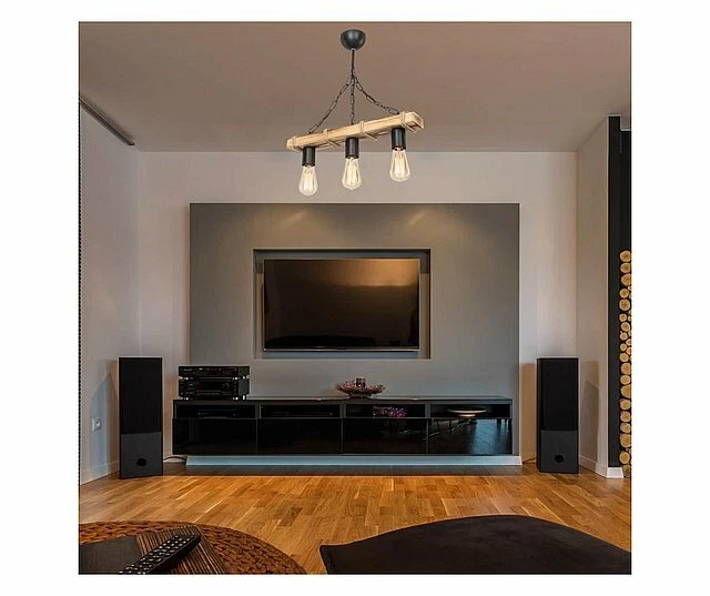 Wooden Ceiling Light With Rope 3 Lamps Rustic Chandelier Pendant New - Image 3 of 4