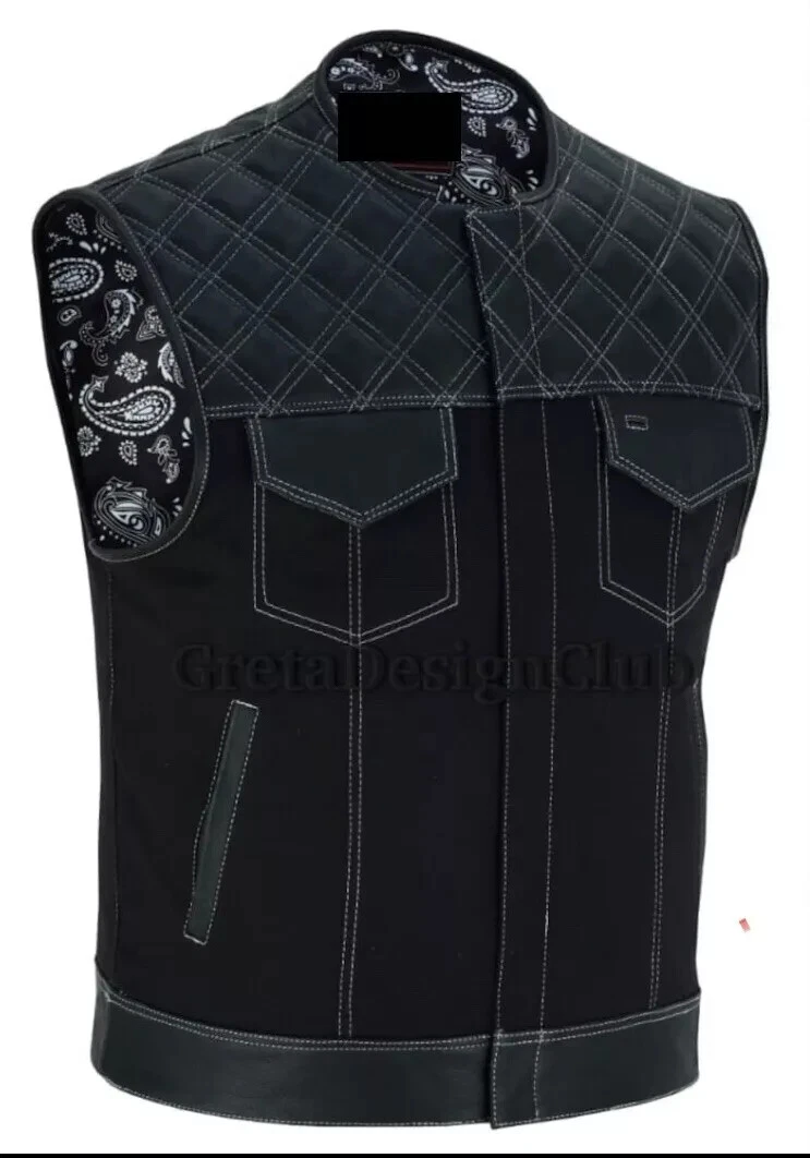 Men Biker Vest Or Hunt Club Leather Diamond Quilted Motorcycle Denim Biker Style