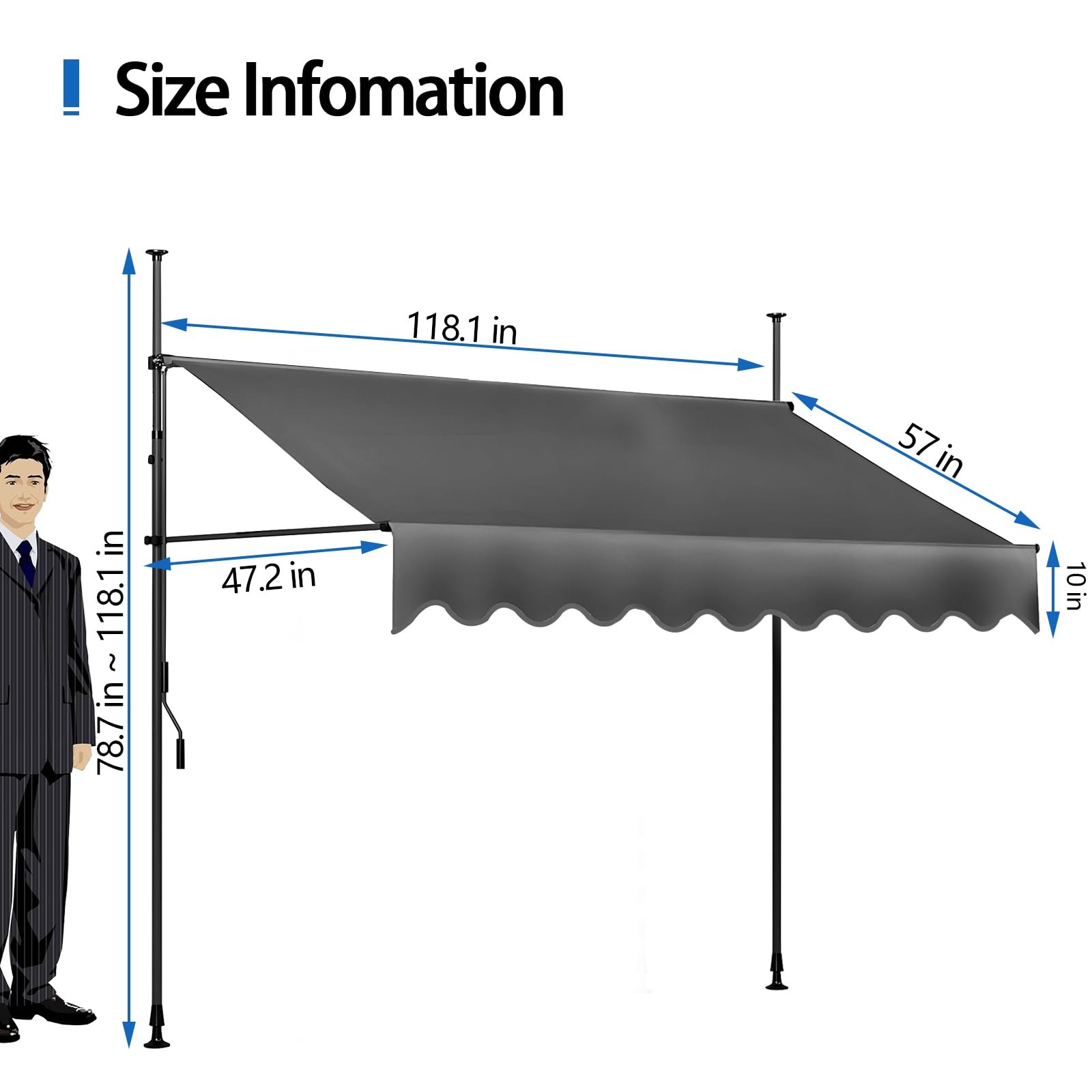 Manual Retractable Awning 118" W x 118" H,Side Bar 45in Patio Awning 