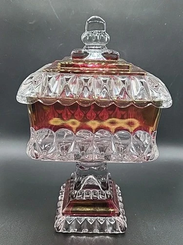 Vintage Clear Ruby Red Flash Glass Pedestal Lid Candy Dish EXCELLENT CONDITION