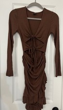 Brown Ruched Cutout Midi Dress - Long Sleeve