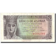 [#214111] Banknote, Spain, 5 Pesetas, 1943, 1943-02-13, KM:127a, UNC