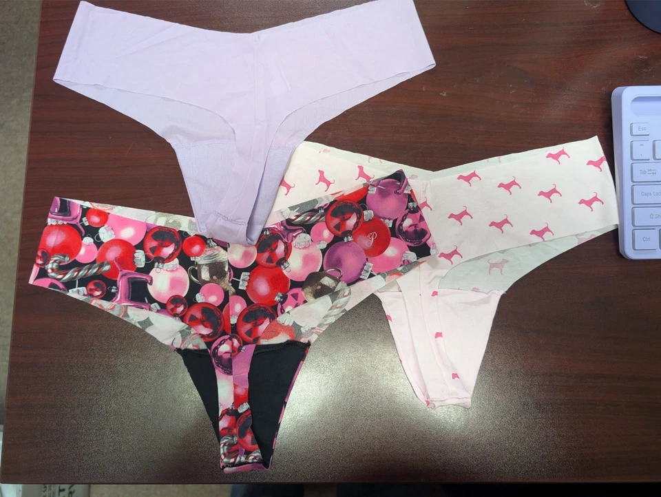 Victoria's Secret Panty Lot Of 3 No-Show Thong Pink Purple Ornaments L NWT - Image 2 of 4