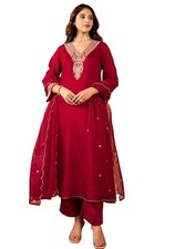 Indian  Pakistani Women Embroidery Solid Anarkali Kurta and Pant with Dupatta