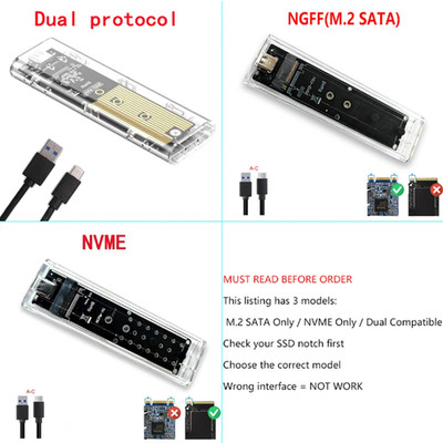 M.2 NVME Pcie NGFF SATA Dual Protocol SSD Case Clear USB Type C PCI-E M2 SSD Tra