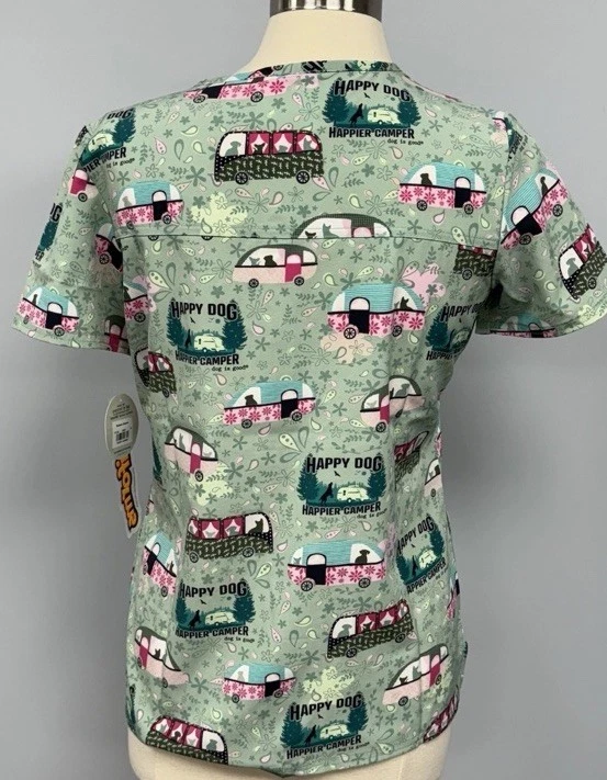 NWT Cherokee Dog Is Good Scrub Top 5X Green Happy Camper Dogs Scrubs Vet Tech - Image 3 of 4