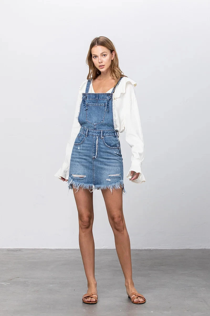 Insane Gene Women's Simple Day Fray Detailed Denim Overall Skirt Size Medium