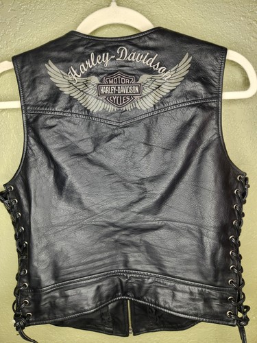 Harley Davidson Women's Leather Vest Laced Sides Zip Up Black Motorcycle Medium