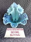 Vintage Fenton Art Glass Blue Opalescent Hobnail 3 Horn Epergne Vase • CHIP READ