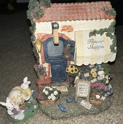 VTG Figi Graphics Heavy Resin Hand Painted Flower Shoppe W/Bunnies Painting Eggs
