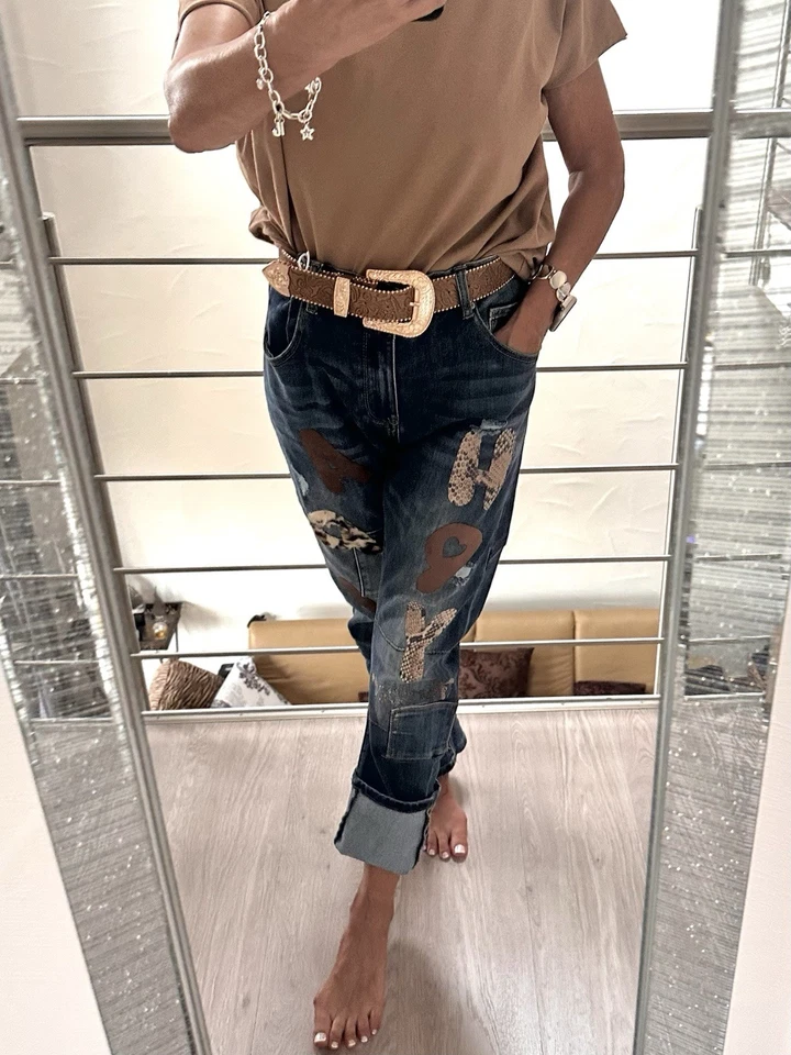 😍Sexy S.Woman Boyfriend Baggy Jeans Glitzer Patches Leo Boho Damen SW1605 L - Bild 2 von 4