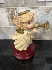 Precious Moments 1996 Musical Angel W/horn On Wood Stand Works 9  Hard Resin