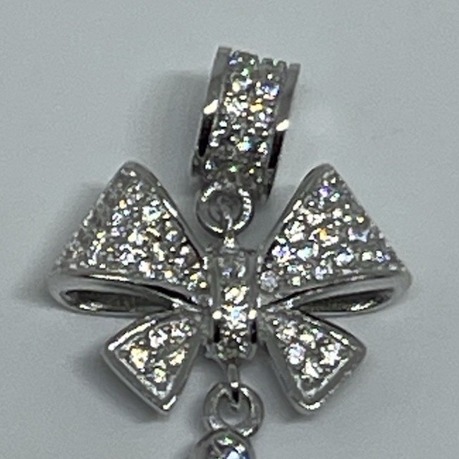 925 Sterling Silver Bow Charm Pendant w/ Stimulated White AAA CZ pearl bail