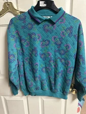 Vintage 80s Gitano Green Teal  quilted sweatshirt Paisley Med 44w 90s Collar
