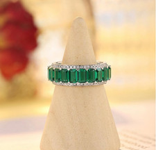 Green Emerald Cut Simulated CZ Full Eternity 925 Sterling Silver Engagement Ring