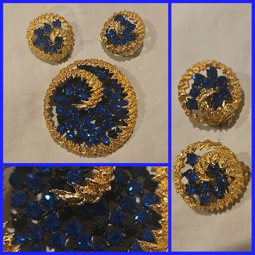 VTG Costume Jewelry Lot Brooch Earring Set Blue Wave Rhinestone Jewelry OLD Q
