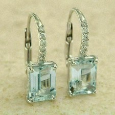 3Ct Emerald Cut Lab Created Aquamarine Drop Dangle Earrings 14k White Gold Over