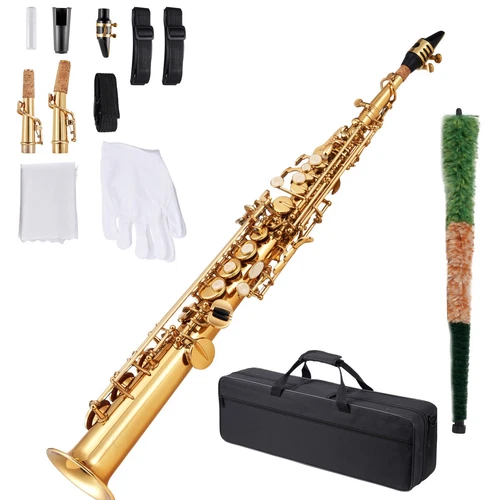 Gold Brass Straight Soprano Saxophone B Flat Sax with Case Straps Mouthpiece
