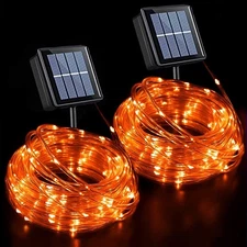 Orange Solar Halloween Lights, 2 Pack Each 33Ft 100 LED Rope Lights Outdoor, Cle