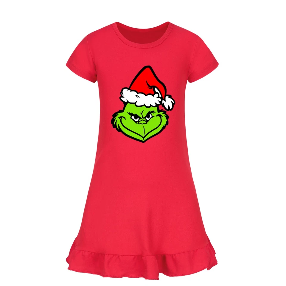 Girls Christmas Grinch Sleepwear Dress Kid Pyjamas Cozy Nightdress Nightwear Pjs - Image 3 of 4