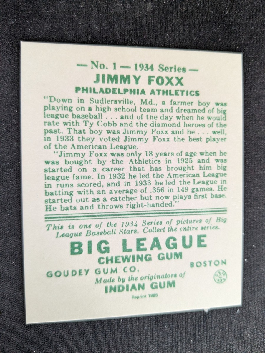 1934 Goudey Baseball Card # 1 Jimmie Foxx - Philadelphia A's (NM