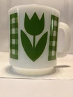 Vintage Glasbake Green Tulip And Gingham Design Milk Glass Mug Cup