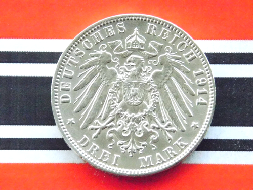 GERMAN 3 Mark 1914 J States HAMBURG Hansestadt 90% Silver Coin EMPIRE WW1 + UNC+ - Picture 5 of 9