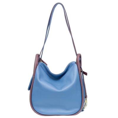 Bruno Rossi Italian Made Blue Pebbled Leather Convertible Hobo Bag Backpack