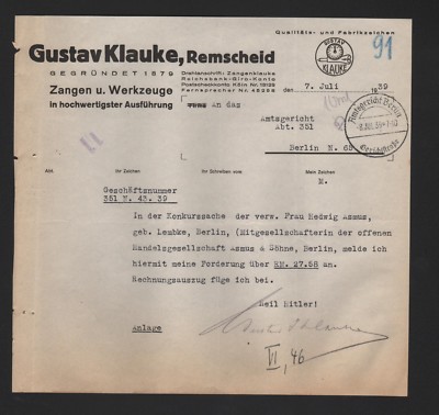 REMSCHEID, Brief 1939, Gustav Klauke Zangen Werkzeuge