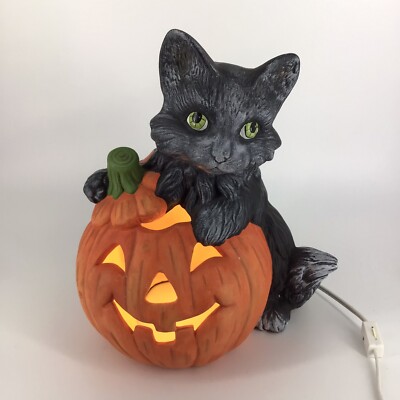 Vintage Halloween Ceramic Black Cat Jack O Lantern Pumpkin Light